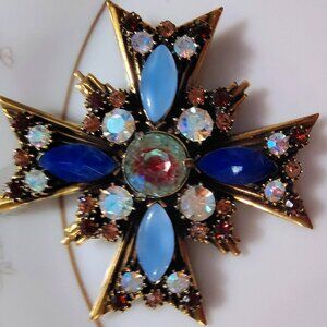 Vtg 60s Florenza Gold Multicolor Stone Maltese Cross Brooch Pendant Blue AB